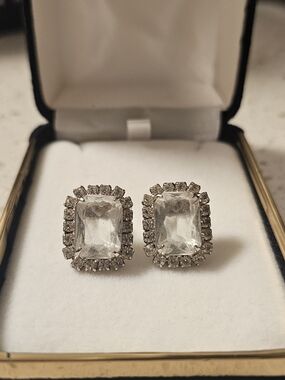 Vintage Crystal Halo Rectangle Stud Earrings - Clear Crystal